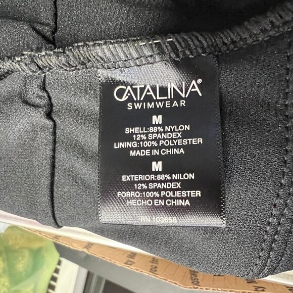 Catalina Swimwear Black 1 Piece Swimsuit Size M Ruffle Smocked Deep Plunge NWT - Picture 2 of 12